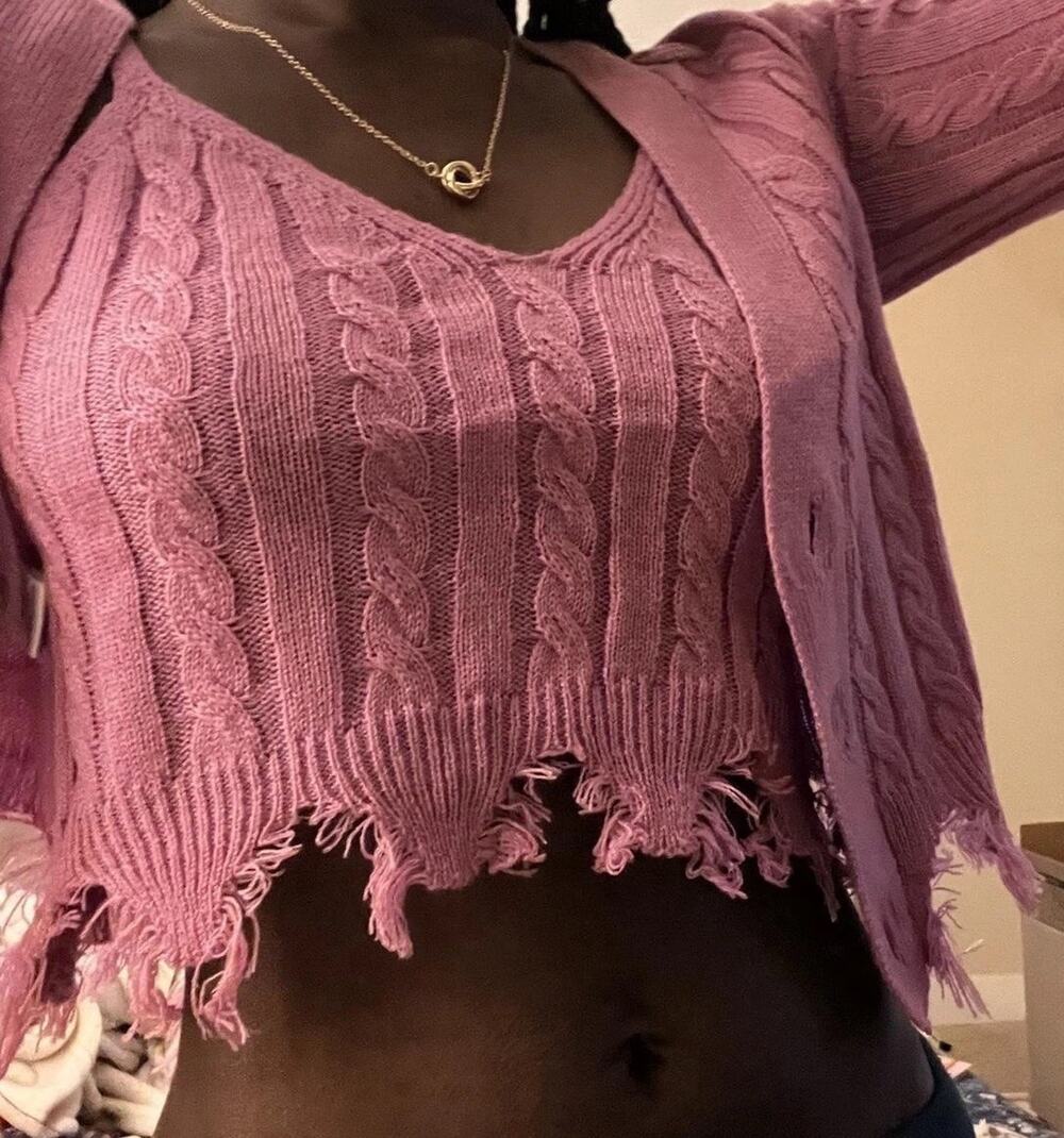 No Comment Cropped Fringe Cardigan Set Pink Size Medium